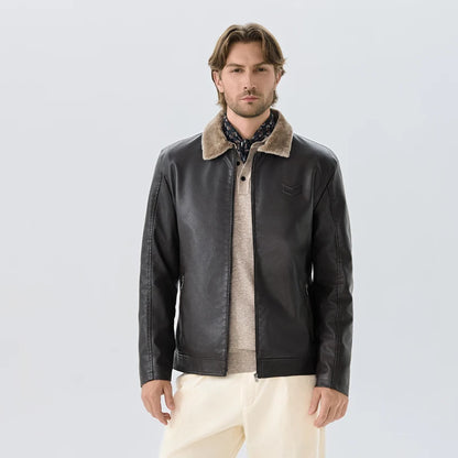 Men's Premium Faux Fur-Lined Leather Jacket - Black Winter Coat Thickened Warm Lining Business Casual Style M-7XL