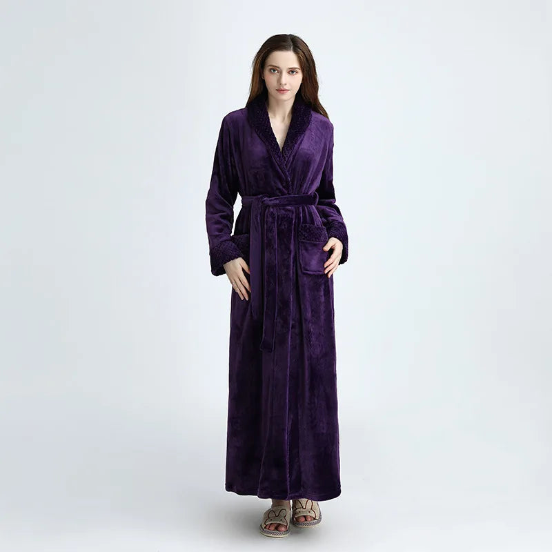 Thickened Long Ladies' Bathrobe Sleepwear Winter Warm Plush Robe Couple's Home Clothes Soft Flannel Material Comfortable Fit