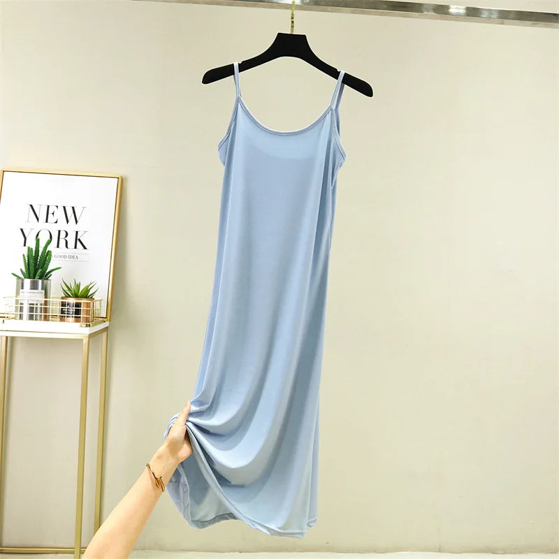 Summer Thin Ice Silk A-Line Dress Women's Casual Long Gown Inner Wear Vest Dress plus Size Korean Style Loose Waist Design