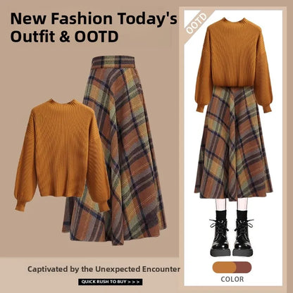 Autumn Winter Women's Knitted Sweater And Slimming Skirt Two-Piece Set Vintage Style Long Sleeve Casual Wear Polyester Fiber