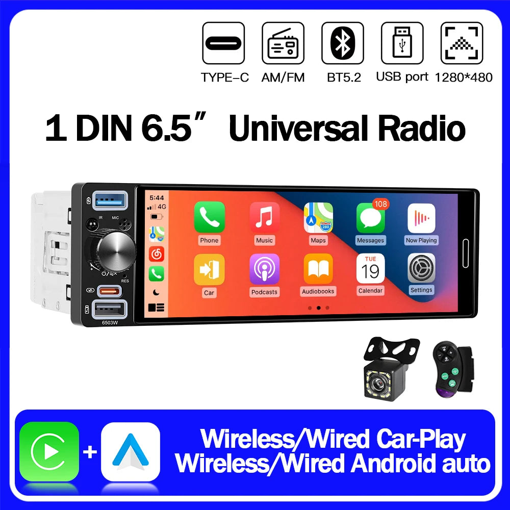1 Din Car Radio Universal Wireless Carplay Android Auto Car Multimedia MP5 BT Car Stereo Type-C USB FM/AM IPS Touch Screen