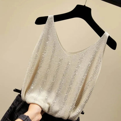 Rhinestones Tank Top Elegant Sleeveless Shiny Loose Knit Camis Corset Summer Women's Tube Top Aesthetic Clothing Korean