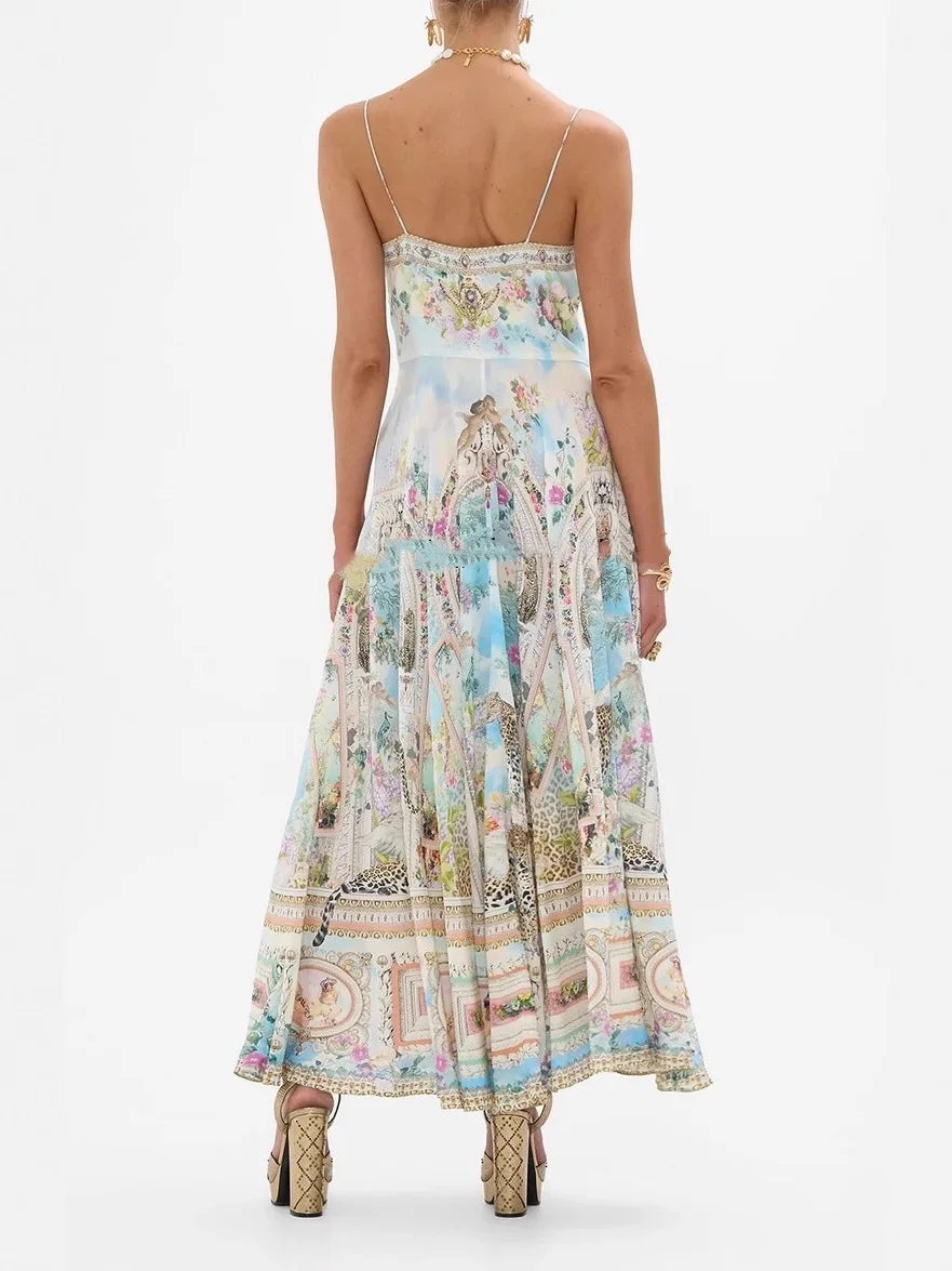 Sexy Strapless Printed Holiday Dress CML Australian Retro Oil Painting Print V-Neck A-Line Midi Dress Polyester Fiber Summer