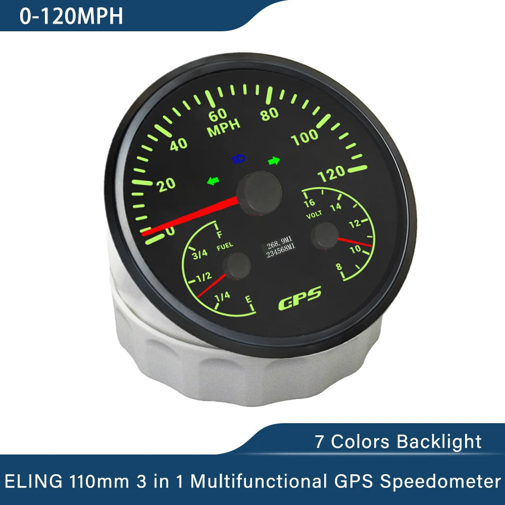 ELING 110mm 3 in 1 Multifunctional 120km/h 200MPH GPS Speedometer with Fuel Level Voltmeter 7 Colors Backlight for Car Universal