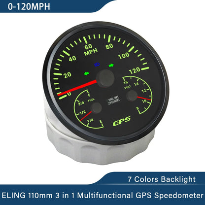 ELING 110mm 3 in 1 Multifunctional 120km/h 200MPH GPS Speedometer with Fuel Level Voltmeter 7 Colors Backlight for Car Universal
