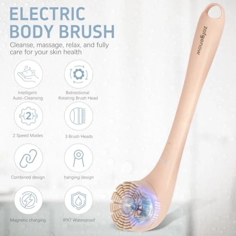 Electric Body Brush, Waterproof Back Scrubber for Shower with Long Handle and 3 Heads, Rechargeable Exfoliating Brush for Body