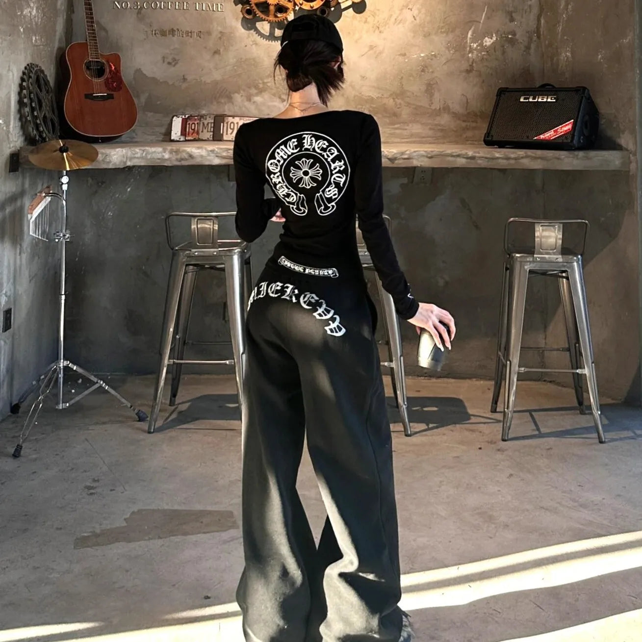 American Style Long Sleeve round Neck Slim Fit Casual Pants Set Letter Print Elastic Waist Straight Leg Women's Fashion Ensemble