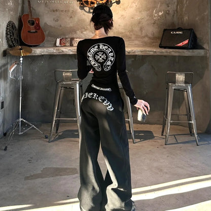 American Style Long Sleeve round Neck Slim Fit Casual Pants Set Letter Print Elastic Waist Straight Leg Women's Fashion Ensemble