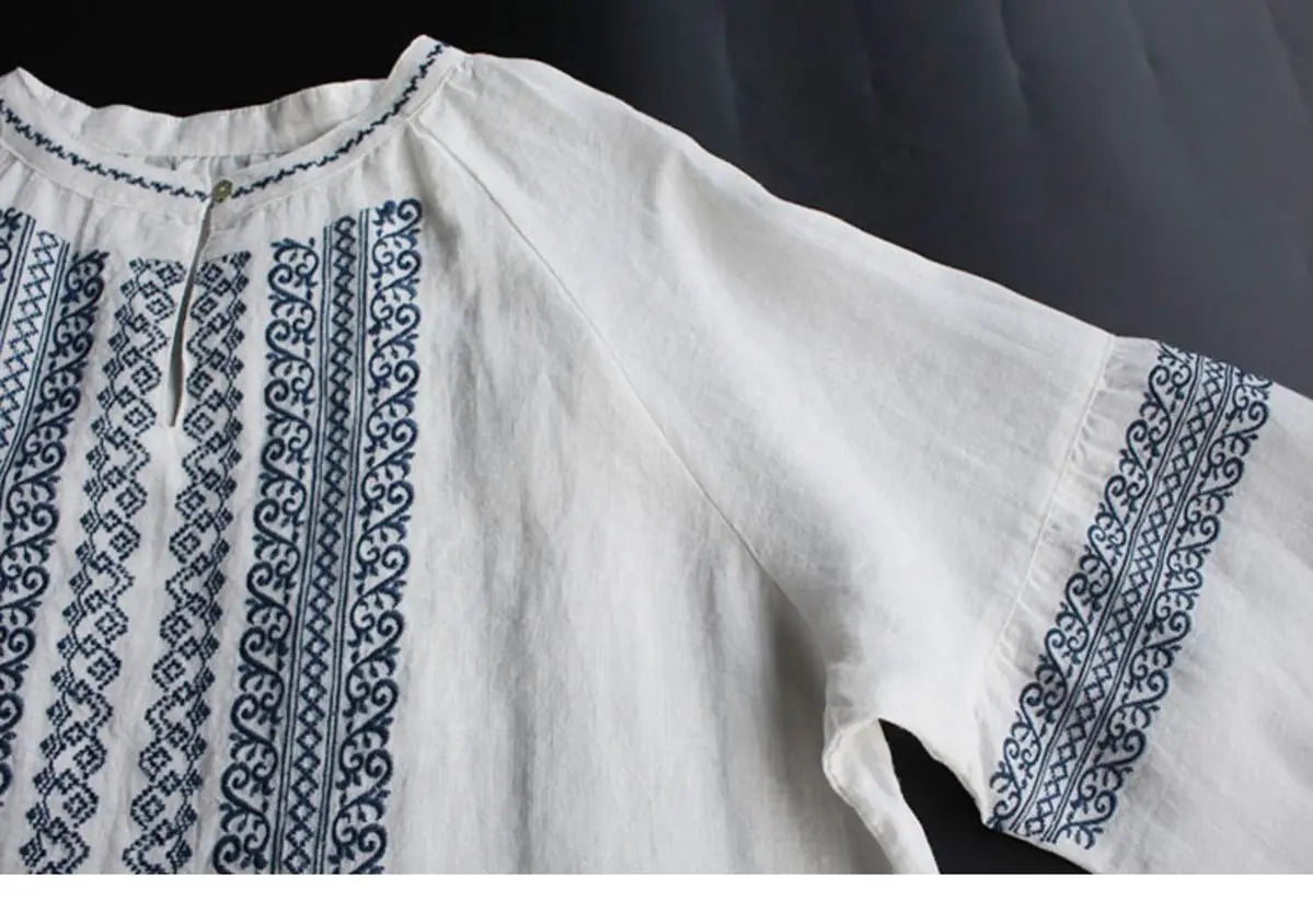 Retro Embroidered Cotton Linen Long Sleeve Women's Shirt Thin Top Large Size Cotton Linen Long Sleeve T-Shirt Commute Wear