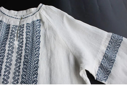 Retro Embroidered Cotton Linen Long Sleeve Women's Shirt Thin Top Large Size Cotton Linen Long Sleeve T-Shirt Commute Wear