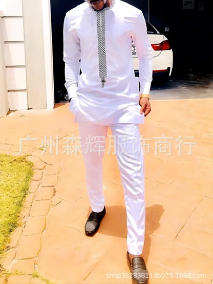 LIBIELIY Complete Men's Slim Printed Suit African Ethnic Style Long Sleeve Embroidered Suit Men Traditional Clothing 2 Piece Lux