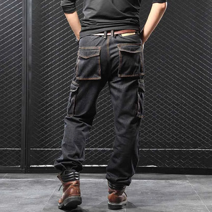 Mcikkny Fashion Men's Cargo Jean Pants With Multi-pockets Loose Style Motorcycle Denim Trousers For Male Washed Size 29-44