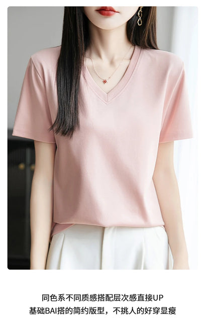 2026 Summer New Pure Cotton V-neck Short-sleeved T-shirt Women's Solid Color Joker Pullover Shirt with Loose Sleeve Bottom Shirt
