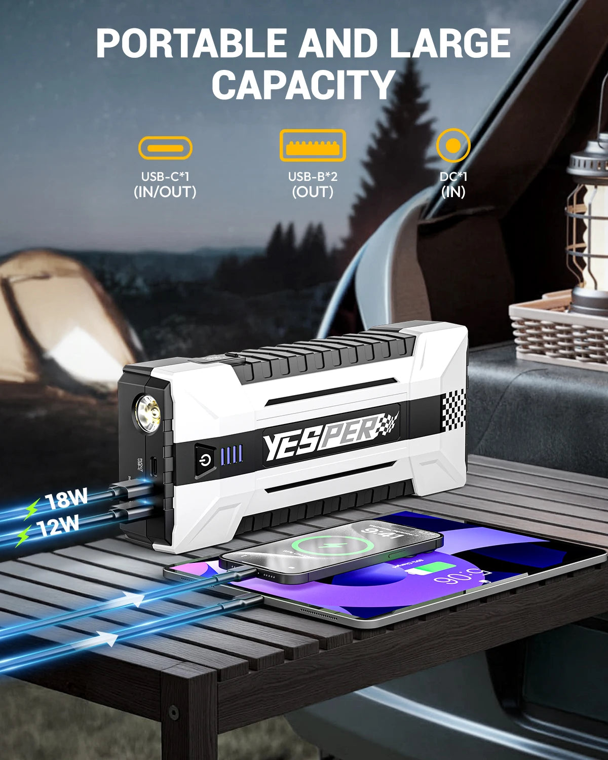 YESPER 4120A Car Jump Starter | 26800mAh | 12V Power | Gas/10.0L Diesel | Power Bank + 3-Mode Light