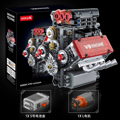 V8 Motorized Engine Building Block Assembly Model, Simulated Mechanical Craft Ornament, Creative Desktop Collectible Present