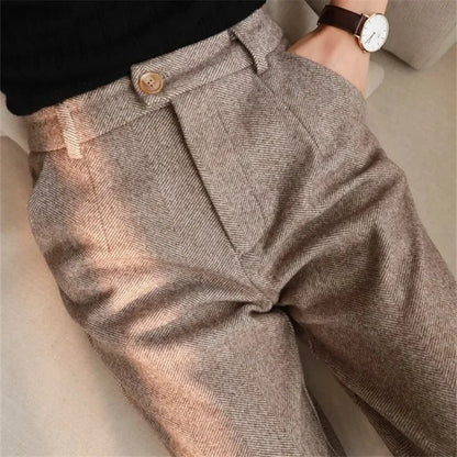 High Waist Slim Straight Casual Long Trousers Harlan Westing Women's Autumn Winter Checkered Woolen Pants Harlan Style