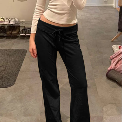 Rockmore Spicy Girl Low Waist Straight Leg Pants Pure Color Flip Waist Versatile Long Trousers Street Style Casual Pants
