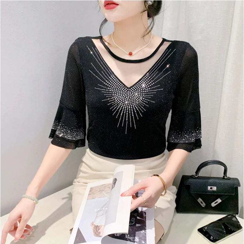 Sexy Hollow out Mesh Seven Quarter Sleeve Fashion Trend Summer T-Shirt Women Slimming Versatile Top Half Sleeve Small Shirt