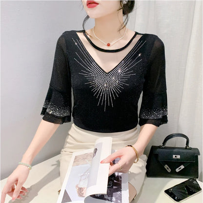 Sexy Hollow out Mesh Seven Quarter Sleeve Fashion Trend Summer T-Shirt Women Slimming Versatile Top Half Sleeve Small Shirt