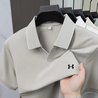 New Summer Men Striped Trim Collar Polo Shirt, Solid Quick Dry Breathable Plain Short Sleeve Top Mens Apparel