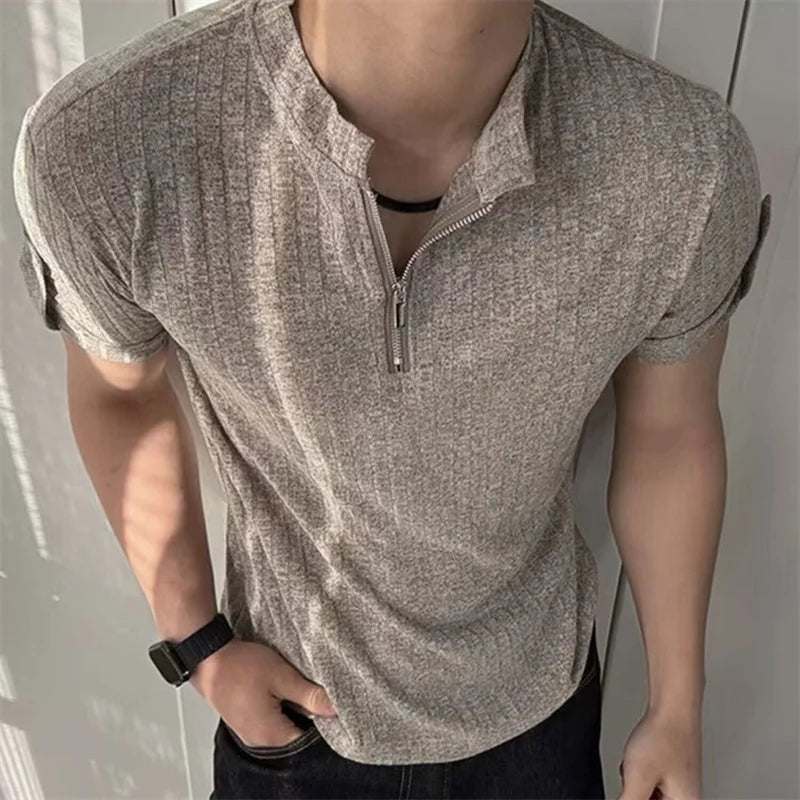 Summer Cleanfit Half-Zip Knit Striped T-Shirts For Men 2026 Solid Color Basis Gym Clothing Man Retro Street Y2K Casual Tee Tops