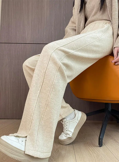 Thickened Woolen Straight Leg Pants Women's High Waist Wide Leg Trousers Autumn Winter Casual Pants Pocket Design Cotton Blend