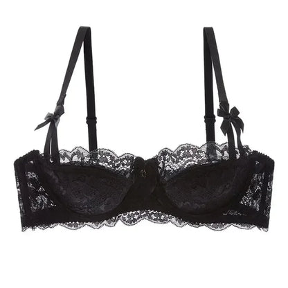 BANERDANNI French Lace Bralette Set Breathable Non-Padded Bra for Petite Sheer Floral Lingerie Wireless Comfort Anti-Gap Design
