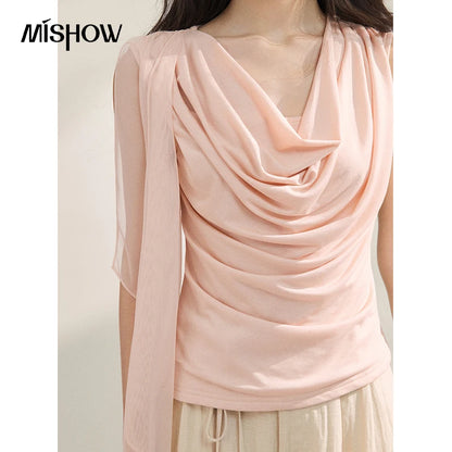 MISHOW Women Draped Cowl Neck Lyocell Knit T-shirt Asymmetrical Chiffon Sash Ruched Tee Casual Slim Fit Summer Tops MXF22T1594