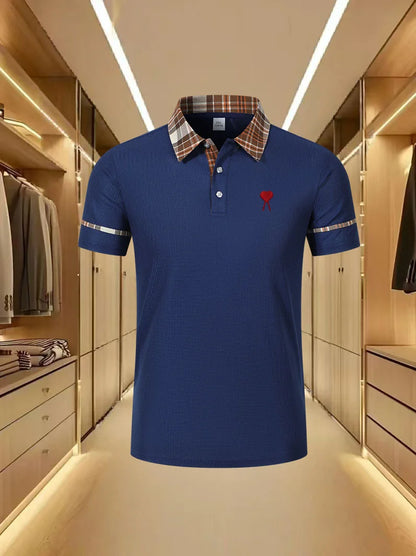 High end brand polo shirt top heart embroidery 2026 summer men's short sleeved casual and comfortable cool striped lapel T-shirt