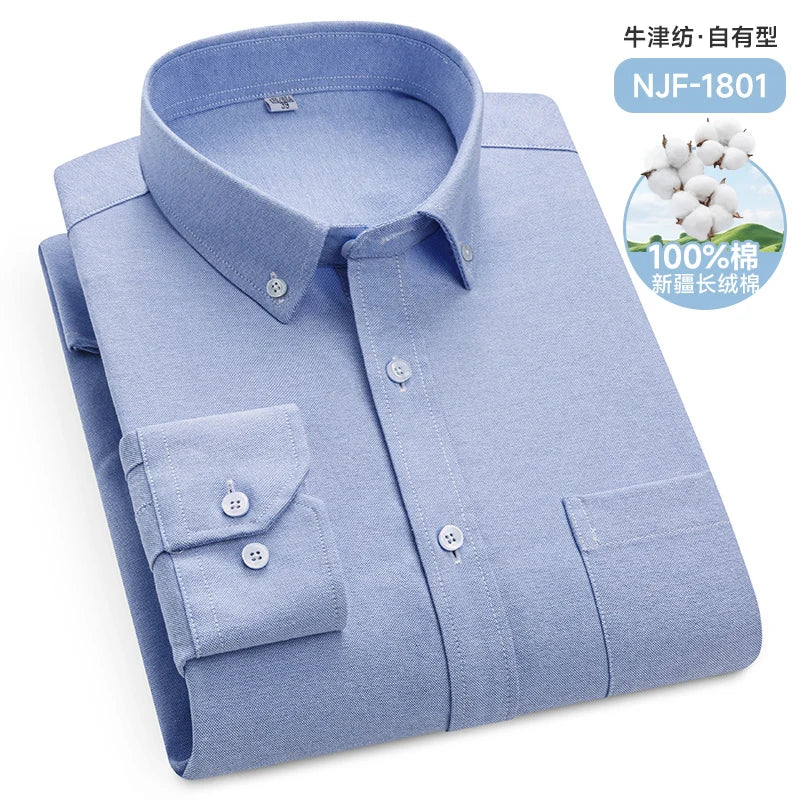 Classic Men's Long Sleeved Check Shirts 100% Oxford Cotton Casual Fashion Soft Plaid Stripe Solid Male Business Slim Fit Blouses