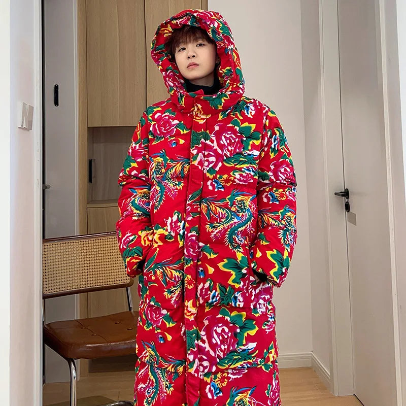 Thickened Long over Knee Hooded Fleece Lined Northeast Big Flower Coat Men's Cotton Jacket Youth Fashion Sport Scene Casual Coat