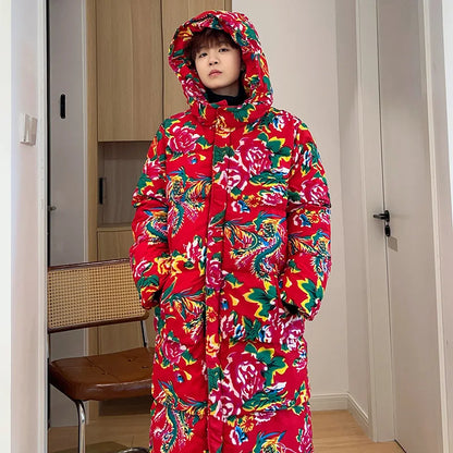 Thickened Long over Knee Hooded Fleece Lined Northeast Big Flower Coat Men's Cotton Jacket Youth Fashion Sport Scene Casual Coat