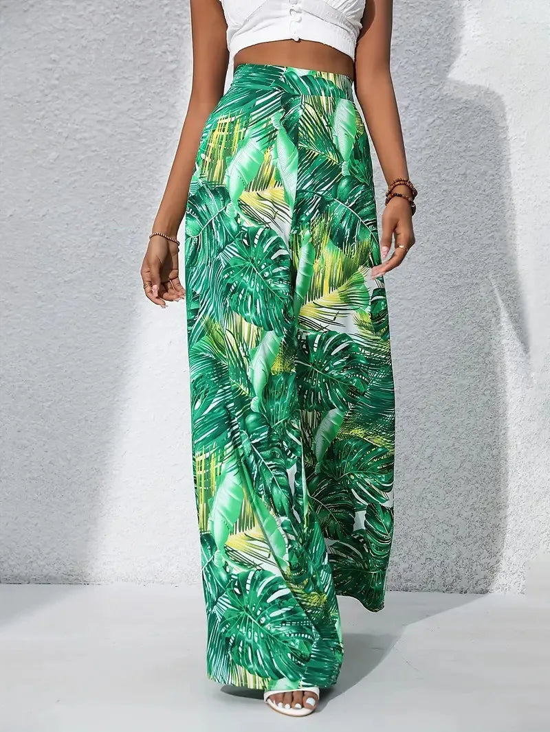 Women's Boho Tropical Leaf Print High Waist Wide Leg Pants Casual Loose Flared Trousers Elastic Waist Summer Beach Wear