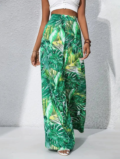 Women's Boho Tropical Leaf Print High Waist Wide Leg Pants Casual Loose Flared Trousers Elastic Waist Summer Beach Wear