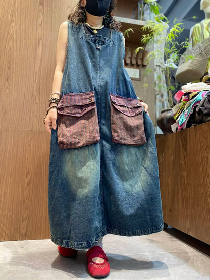 Color-blocked Large Pocket Denim Dress Women Sleeveless Suspender Tank Dress XY326