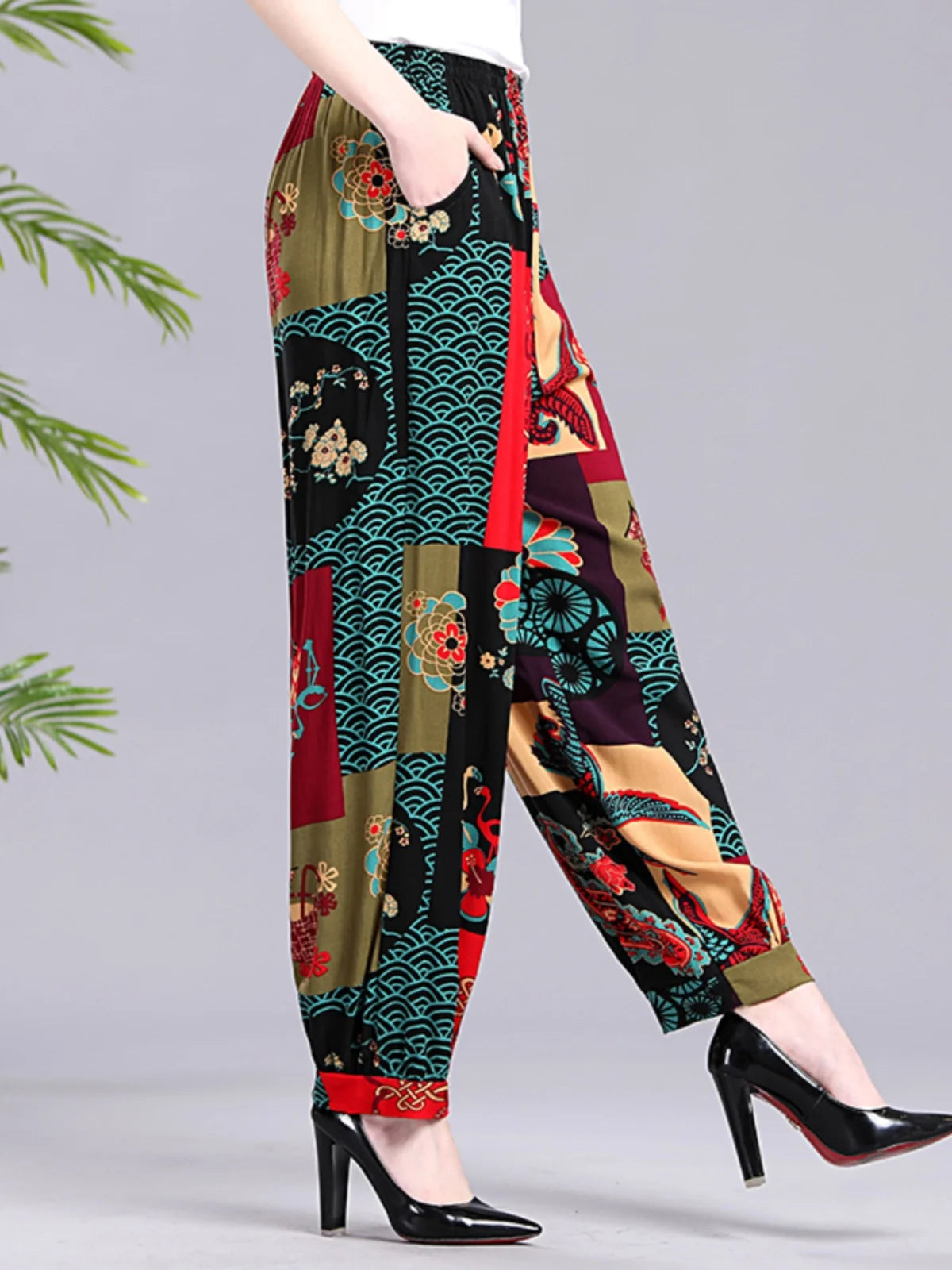 High Waist Lantern Pants Casual Cotton Silk Large Size Printed Long Trousers for Middle-Aged And Elderly Women