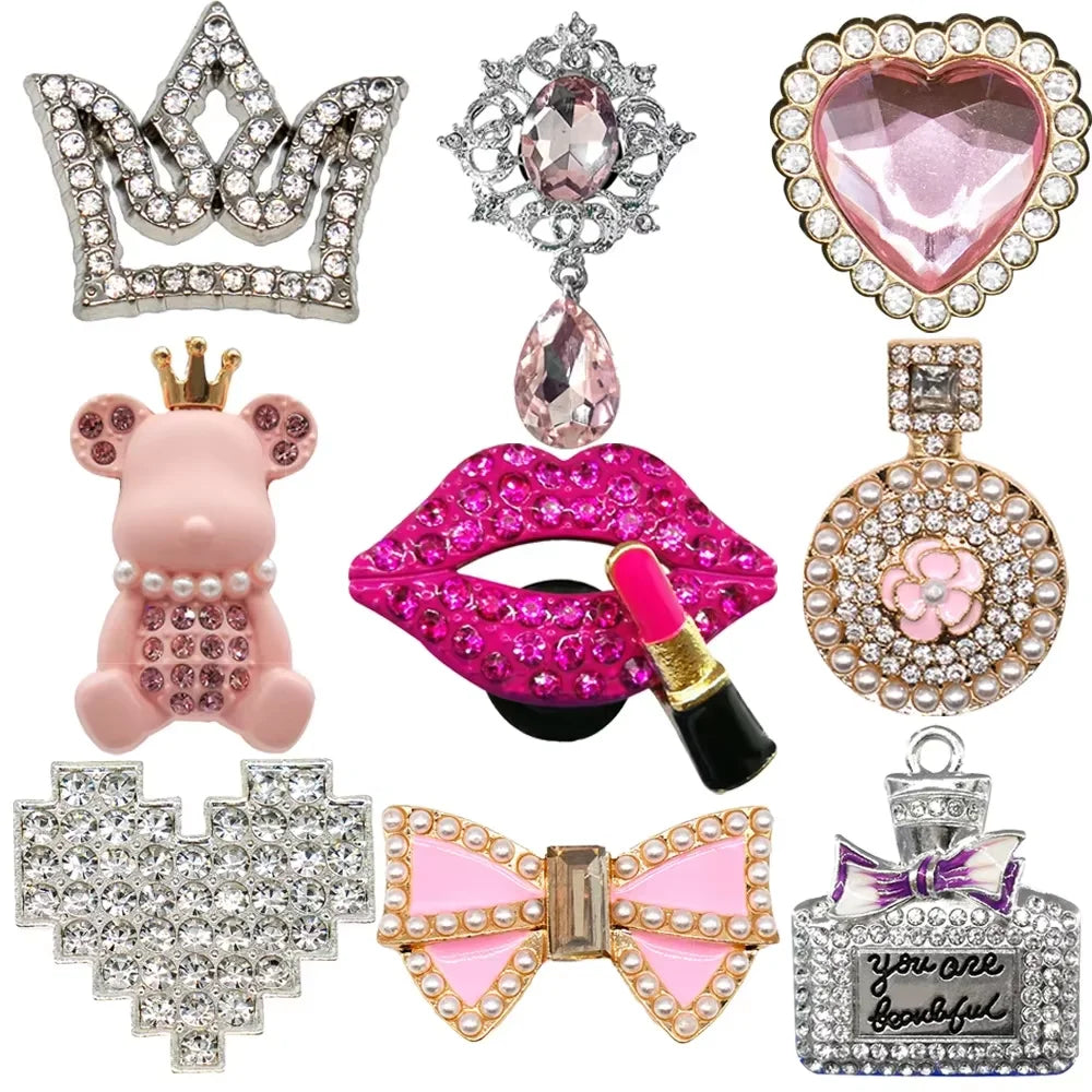 1/9PCS Girls Metal Shoe Charms Crown Lipstick Perfume Bear Heart Bow Ties Pins Clog Jeans for Women Girls Shoe Clips Decorations