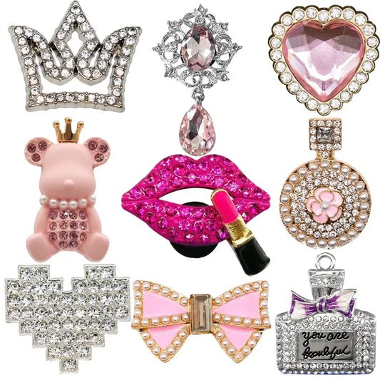 1/9PCS Girls Metal Shoe Charms Crown Lipstick Perfume Bear Heart Bow Ties Pins Clog Jeans for Women Girls Shoe Clips Decorations