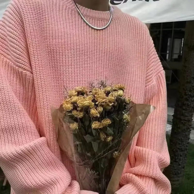 Autumn and winter loose shoulder sweater for young men Japanese retro pineapple needle jacquard lazy round neck knit sweater