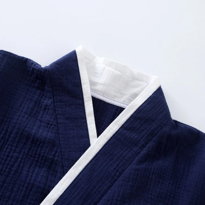 Spring Autumn Japanese Color Blocked Cotton Crepe Kimono Mens Pajamas Set Thin Lace-Up Top + Pants Loose Two-piece Male Homewear