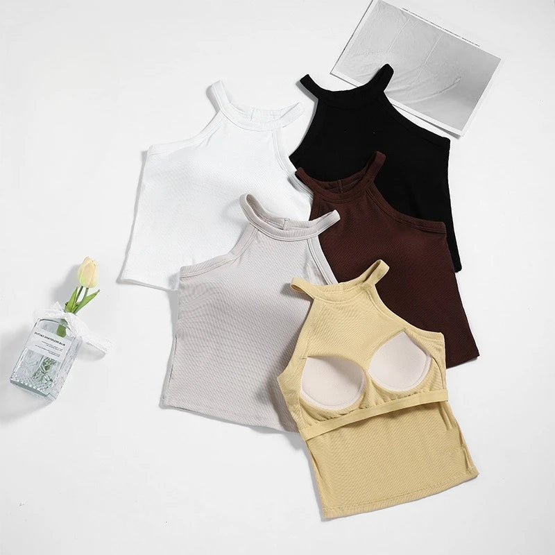 Fashion Threaded Halter Neck Camisole Top with Build-in Bra High Elastic Slim-fitting Sling Fixed Cup Breathable Women Underwear