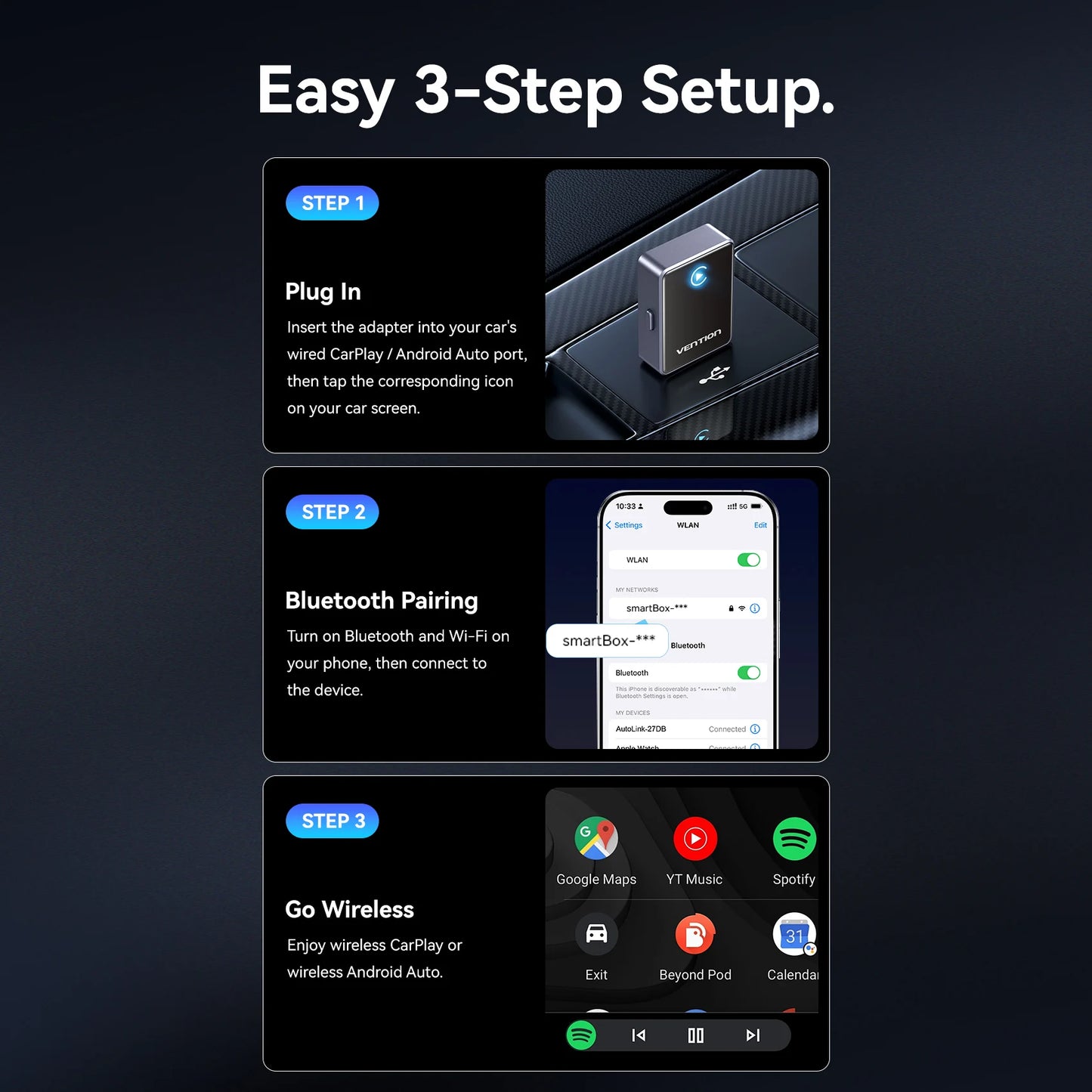 Vention 2in1 Wireless CarPlay Adapter Android Auto For OEM Car Plug and Play AI Smart Box WiFi Bluetooth Auto Connection