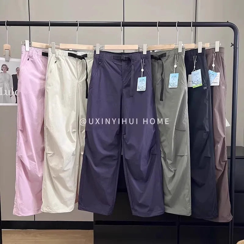 Lightweight Breathable Quick-Dry Paratrooper Pants Women's Casual Loose Fit Sunscreen Waist Cord Trousers Korean Style High W...