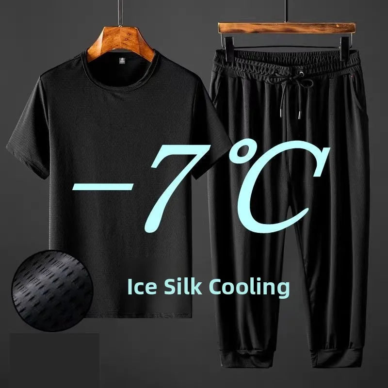 Ice Silk Men's Casual Pants Sports Set Air Conditioning Pants Quick Dry Trendy Large Size Short Sleeve T-Shirt Mesh Summer Wear