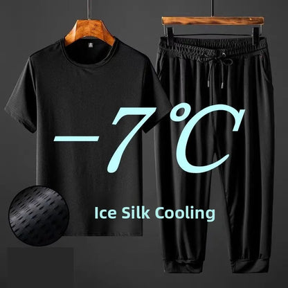 Ice Silk Men's Casual Pants Sports Set Air Conditioning Pants Quick Dry Trendy Large Size Short Sleeve T-Shirt Mesh Summer Wear