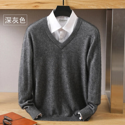 100% Pure Mink Cashmere Sweater Men's V-Neck Pullovers Knit Large Size Mink Sweater Winter New Long Sleeve High-End Jumpers Tops