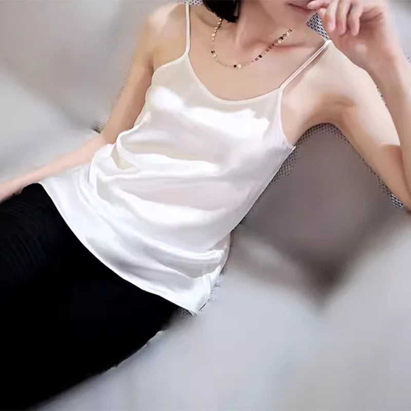 Women's 100% Mulberry Silk 16 momme Spaghetti Strap Camisole Tank Top Vest Sleepwear M-4XL YM002