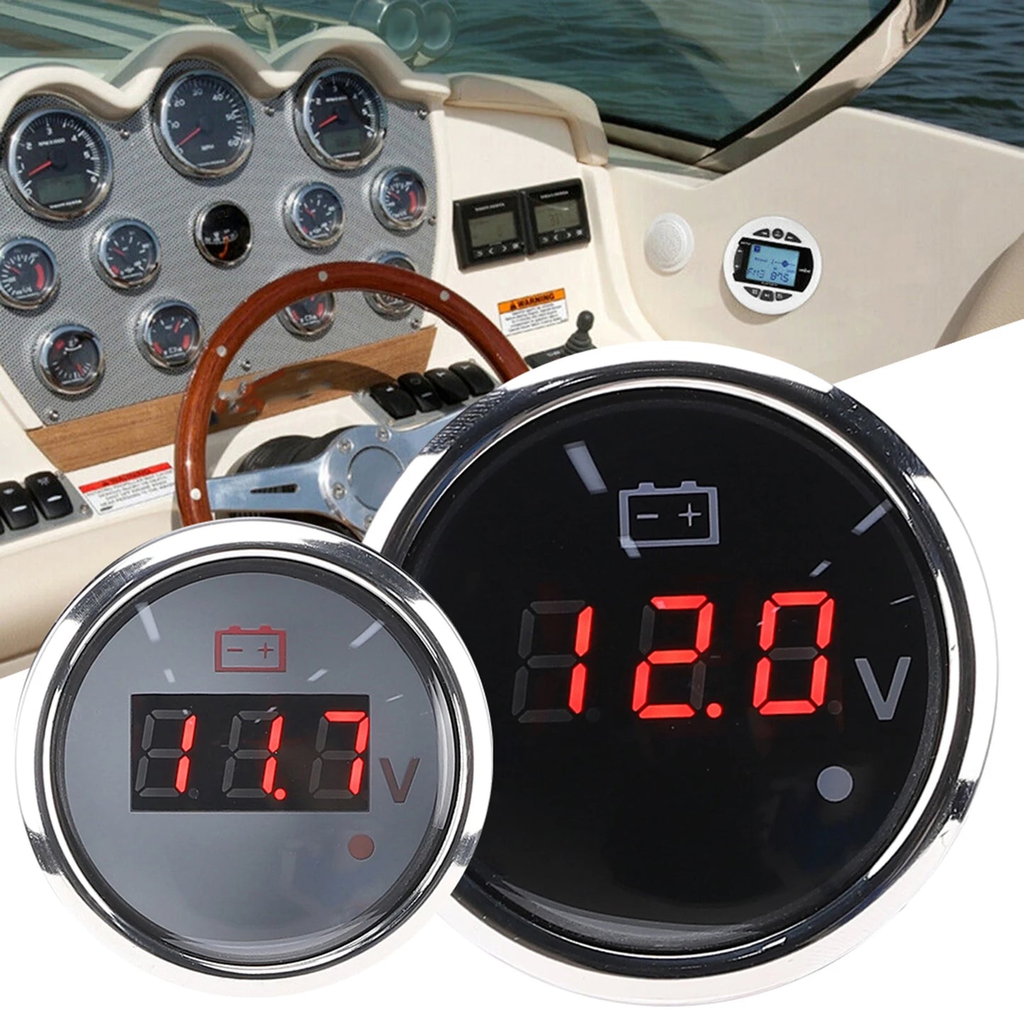 2in Battery Voltage Gauge LED Digital Display IP67 Waterproof Smart Alarm  for Boat Auto Voltage Gauge LED Voltmeter