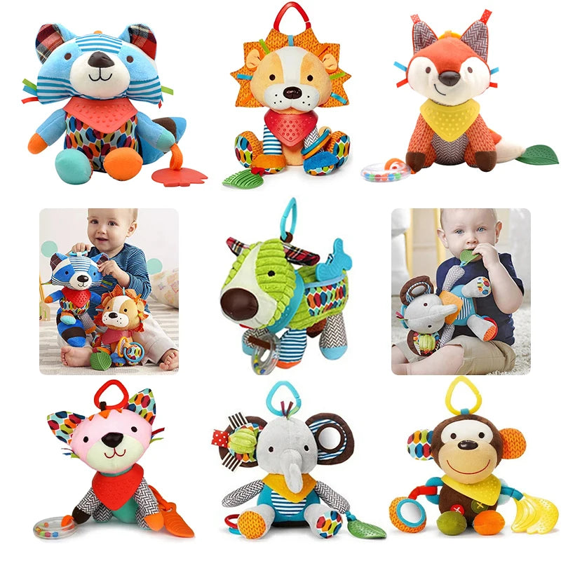 Animal Plush Baby Teething Toy Infant Stroller Hanging Rattle with Teether Soft Sensory Stuffed Animal Toy for Newborn 0 12Month