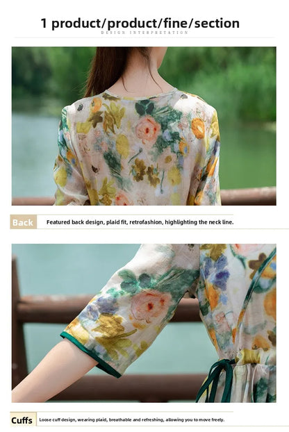 Women's Long Skirt Drawstring Waist Hemp Print A-Line Dress Korean Style Commute Flower Pattern V-Neck Summer Dress